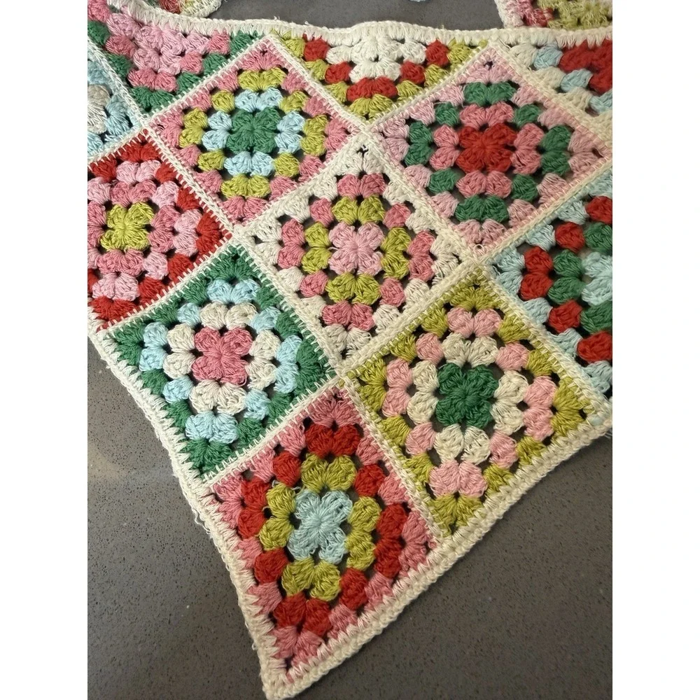 Handmade Crochet Granny Square Bandana Kerchief Scarf Cottagecore Boho Tie Back
